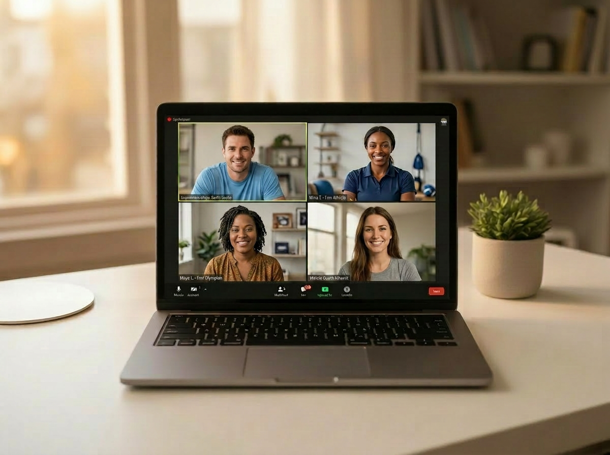 A laptop showing a virtual group coaching session with former athletes connecting online.