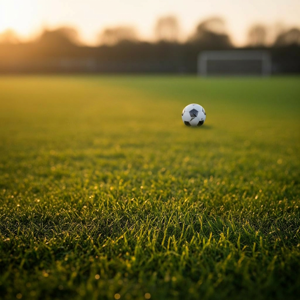 A modern soccer ball on a lush green grass field at golden hour.